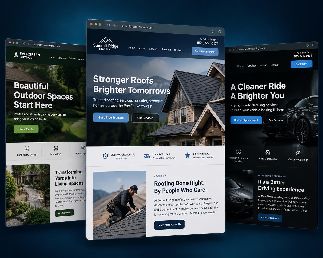 Website mockups for roofing, landscaping and auto detailing businesses